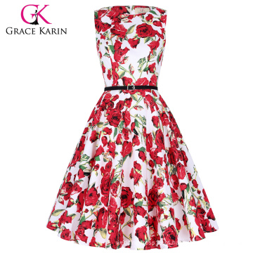 Grace Karin sem mangas vintage estilo flor print curto barato Vintage 50s vestido CL6086-51